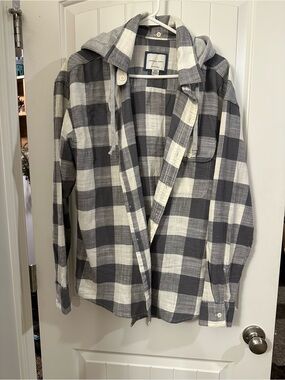 American Eagle Outfitters Gray and White Plaid Hooded Flannel Shirt